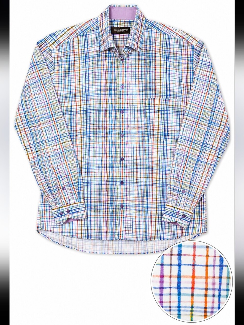 Reserve Multicolor Abstract Plaid Long-Sleeve Button-Down Shirt 100% Cotton
